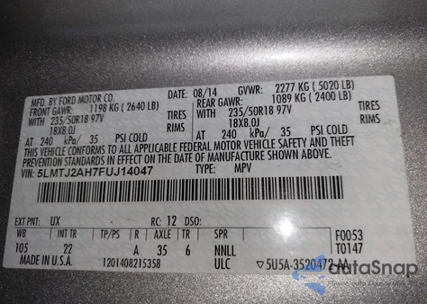 2015 Lincoln Mkc z USA, uszkodzony, nr VIN 5LMTJ2AH7FUJ14047